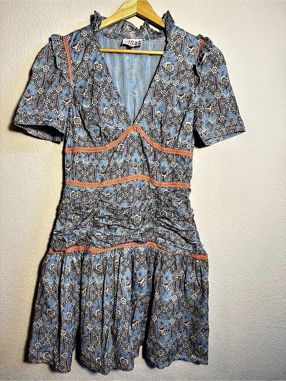 Gipsy Queen Floral Mini Dress Blue & Orange Size Medium boho coquette cottagecor
